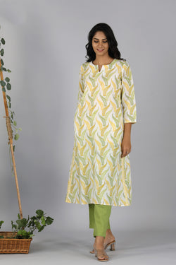 Collection of Lime yellow handblock printed cotton kurti in a gallery layout