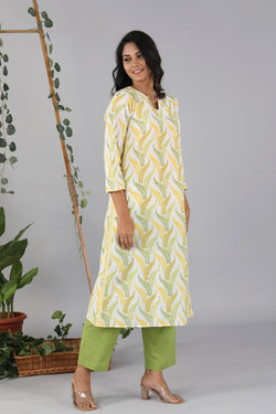 Collection of Lime yellow handblock printed cotton kurti in a gallery layout