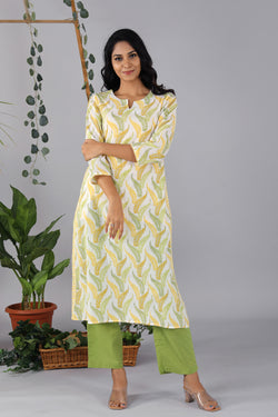 Collection of Lime yellow handblock printed cotton kurti in a gallery layout