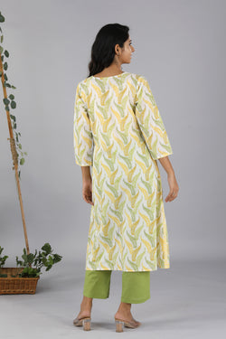 Collection of Lime yellow handblock printed cotton kurti in a gallery layout