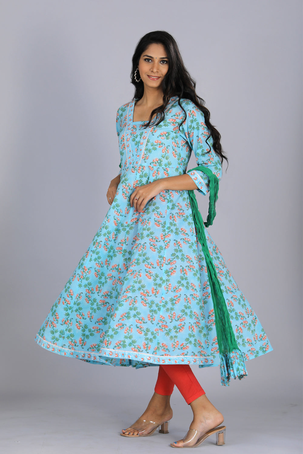 Handblock printed Anarkali and dupatta set