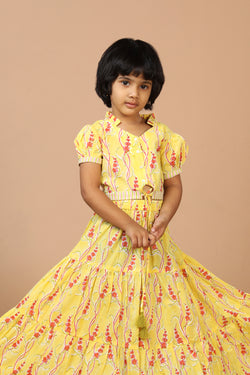 Image of Girls' tiered cotton block printed  shirt and top set