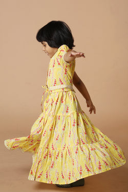 Image of Girls' tiered cotton block printed  shirt and top set