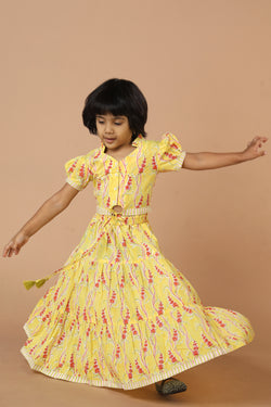 Image of Girls' tiered cotton block printed  shirt and top set