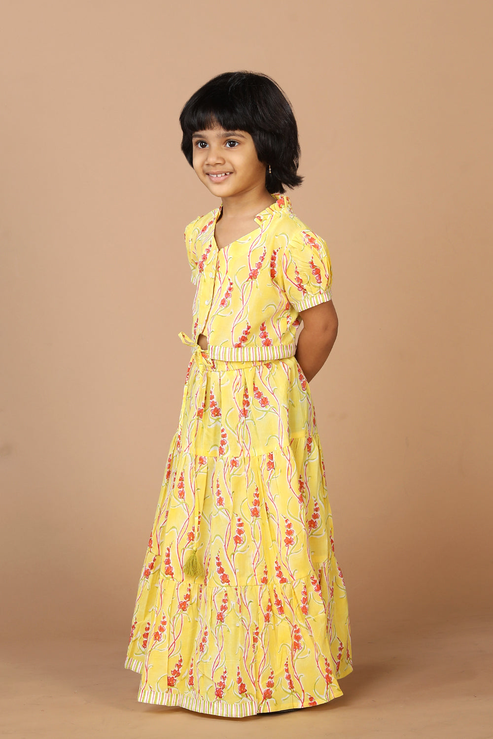 Girls' tiered cotton block printed  shirt and top set