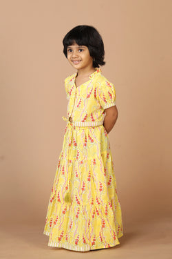 Image of Girls' tiered cotton block printed  shirt and top set