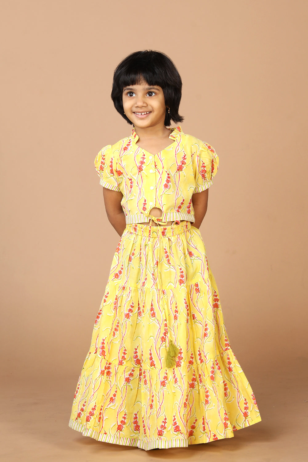 Girls' tiered cotton block printed  shirt and top set