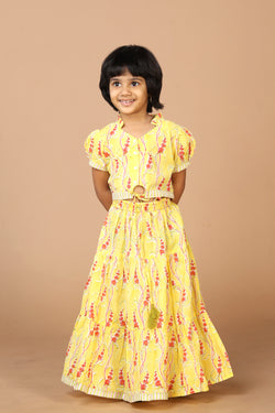 Image of Girls' tiered cotton block printed  shirt and top set