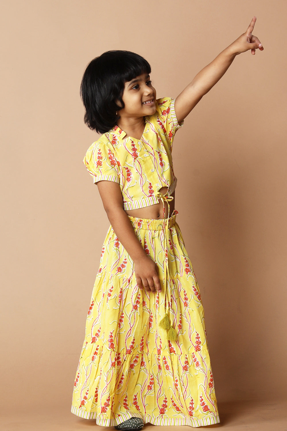 Girls' tiered cotton block printed  shirt and top set