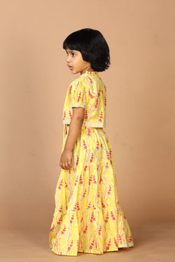 Image of Girls' tiered cotton block printed  shirt and top set