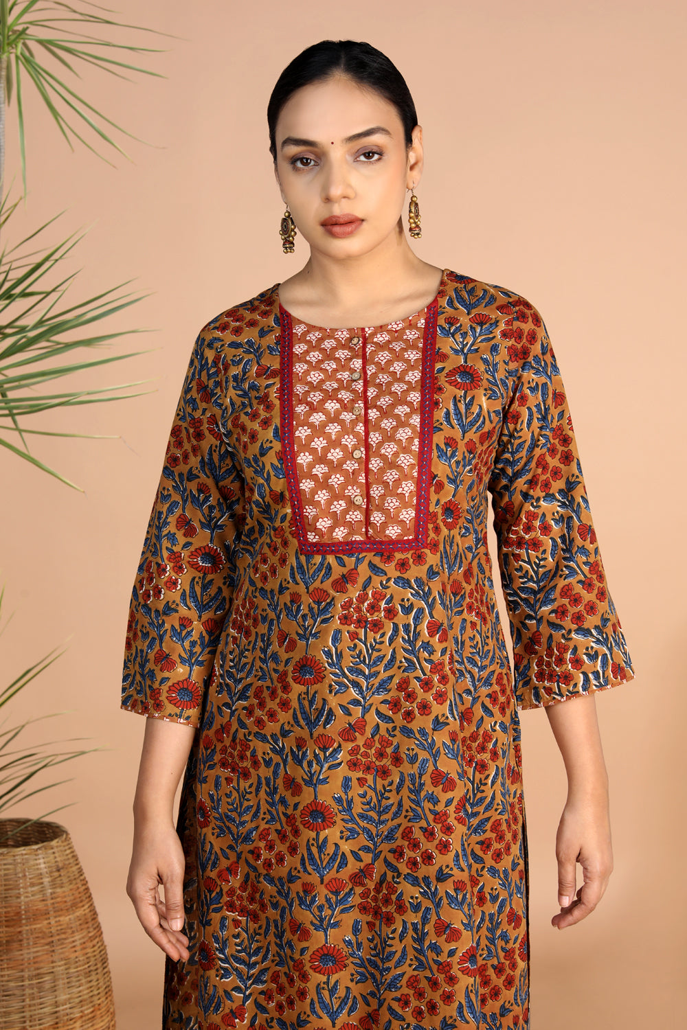 Image of Bagru handblock printed Cotton Kurti, Pants and Dupatta set