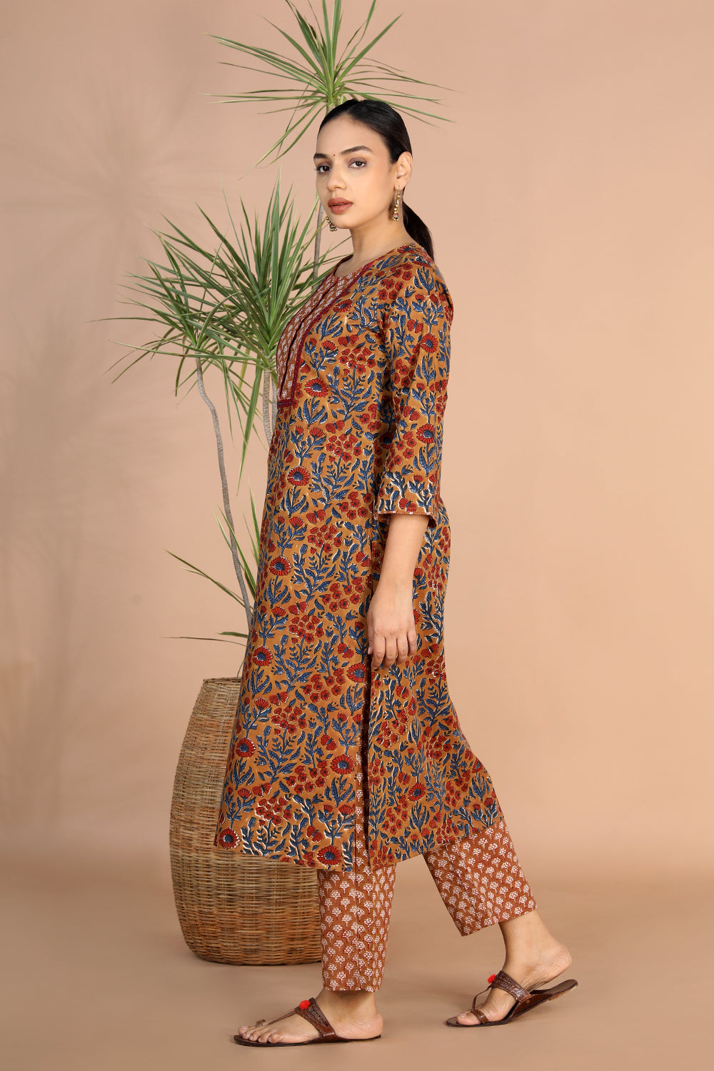 Image of Bagru handblock printed Cotton Kurti, Pants and Dupatta set