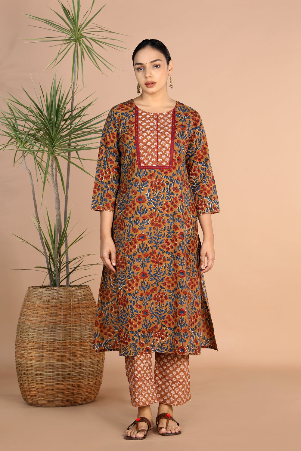 Image of Bagru handblock printed Cotton Kurti, Pants and Dupatta set