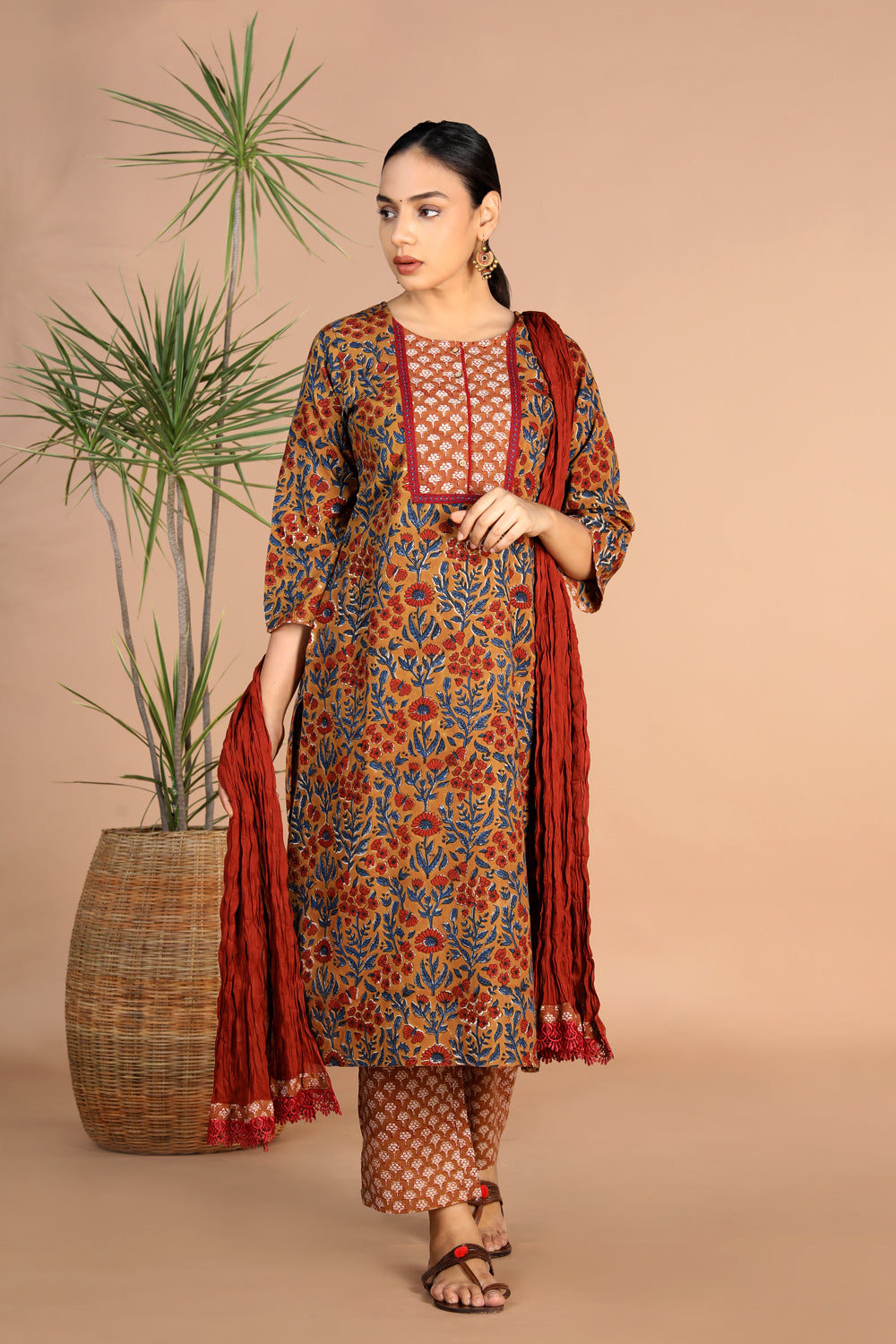 Image of Bagru handblock printed Cotton Kurti, Pants and Dupatta set