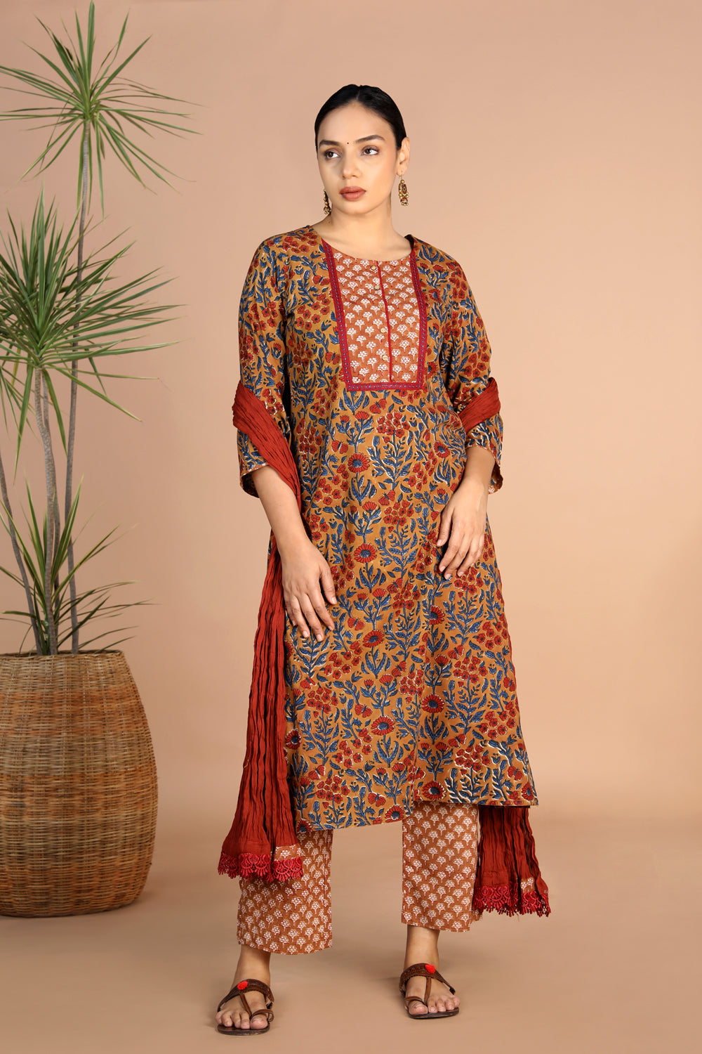 Image of Bagru handblock printed Cotton Kurti, Pants and Dupatta set