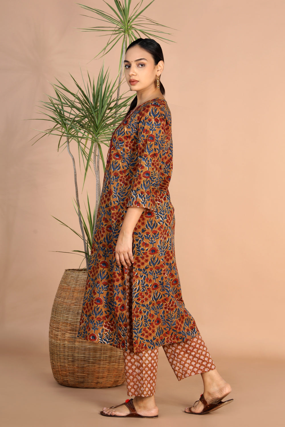 Image of Bagru handblock printed Cotton Kurti, Pants and Dupatta set