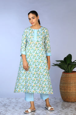 Collection of Handblock Printed A-line Kurti with pants set in a gallery layout