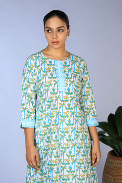 Collection of Handblock Printed A-line Kurti with pants set in a gallery layout