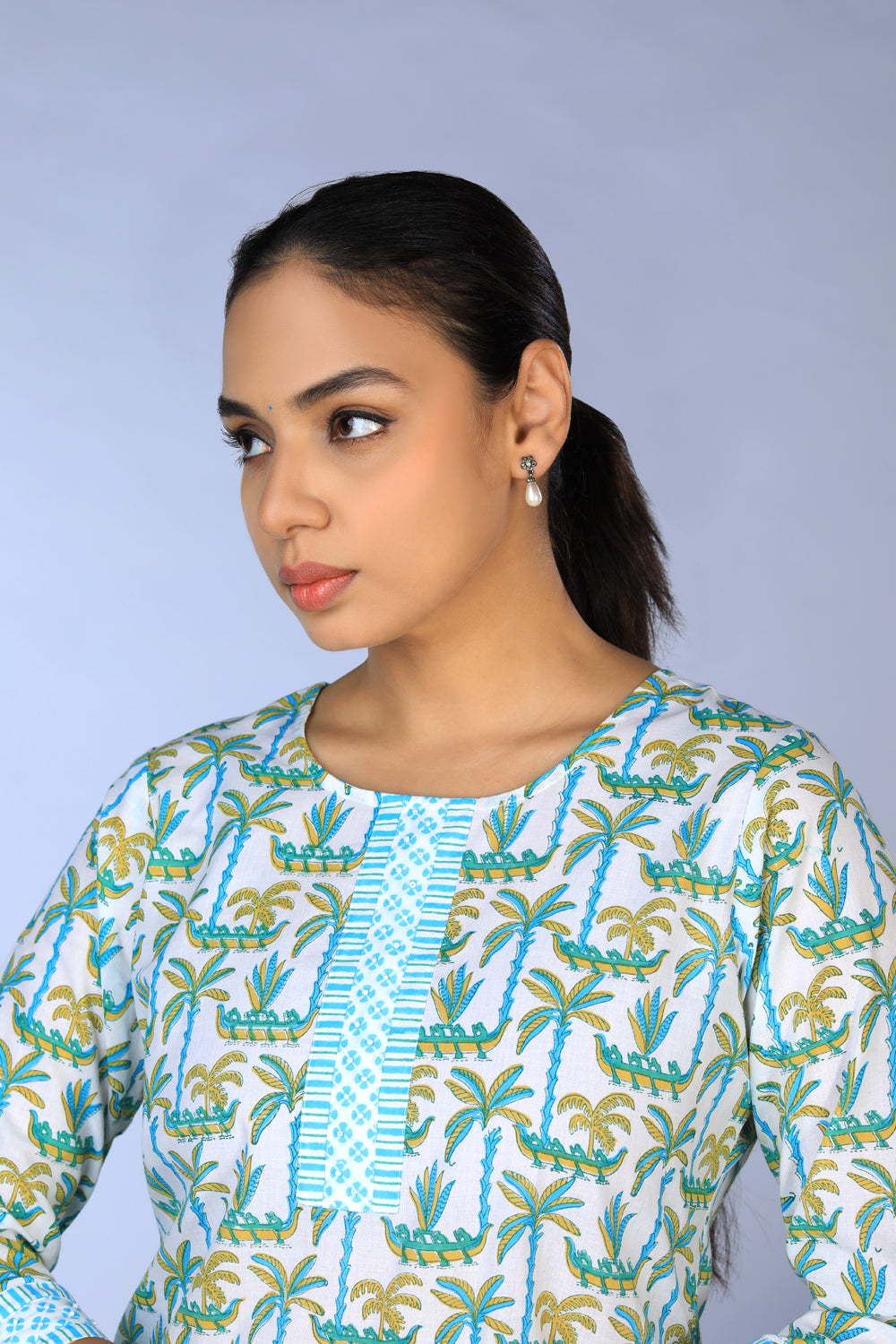 Image of Handblock Printed A-line Kurti with pants set
