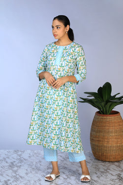 Collection of Handblock Printed A-line Kurti with pants set in a gallery layout