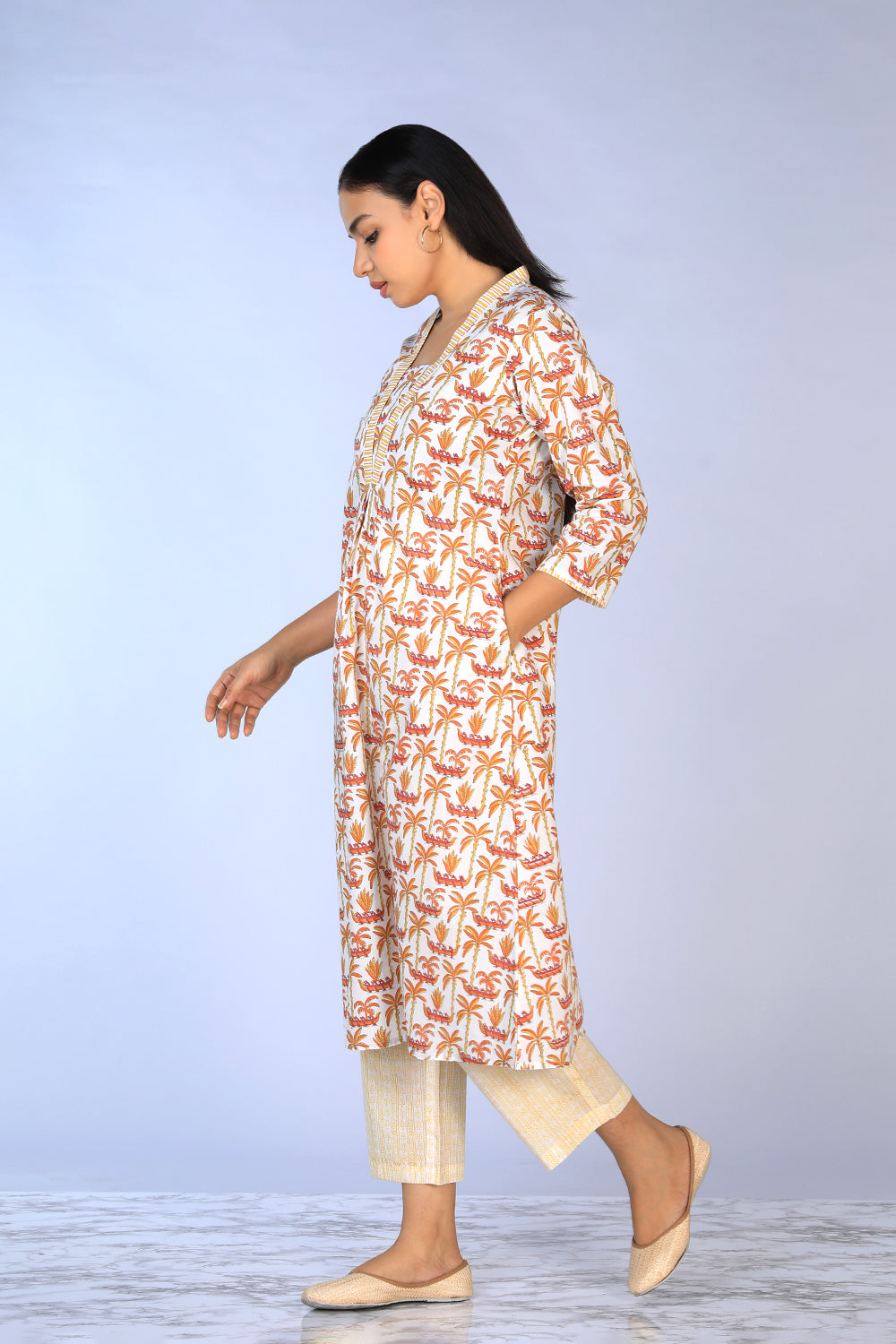 Image of Off White Handblock Printed A-line Kurti with pants set