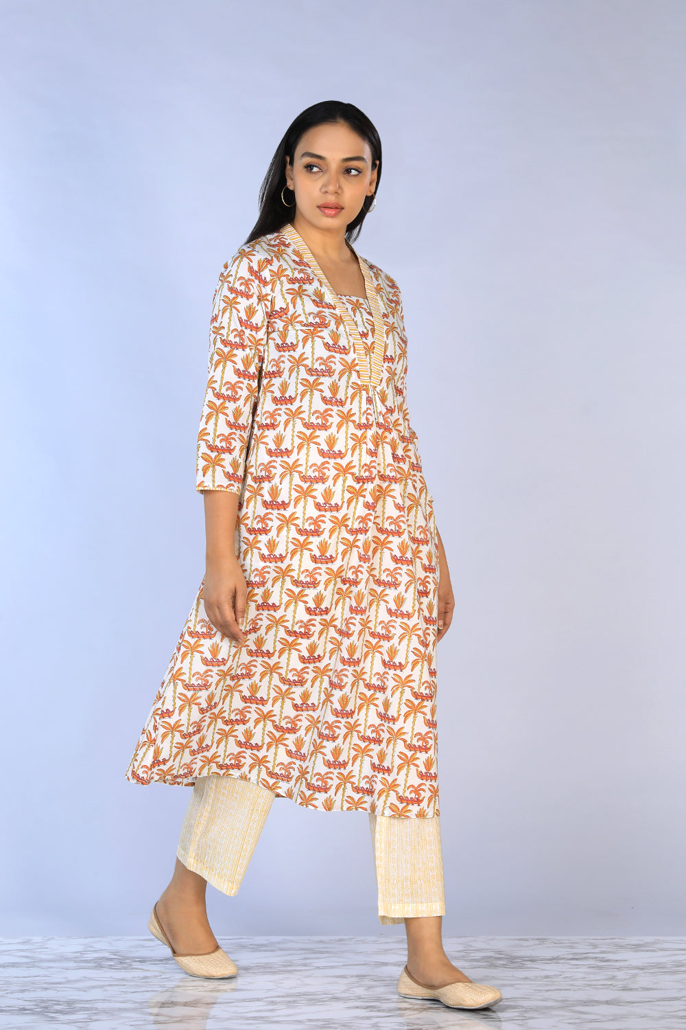 Image of Off White Handblock Printed A-line Kurti with pants set