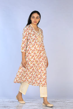 Collection of Handblock Printed A-line Kurti with pants set in a gallery layout