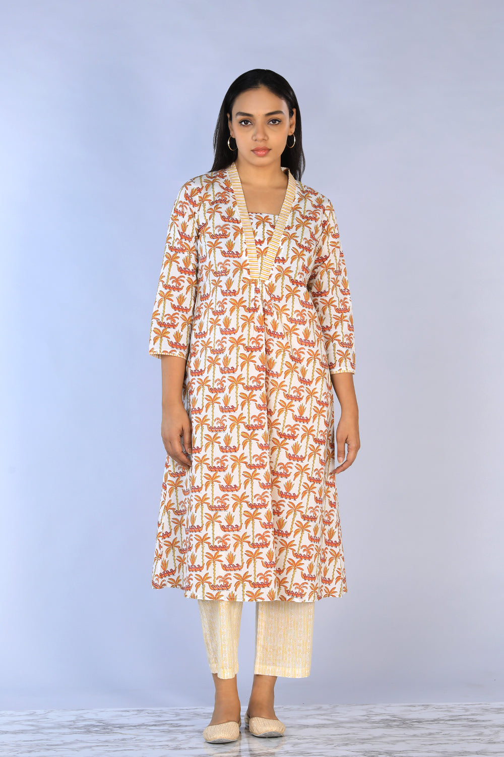 Image of Off White Handblock Printed A-line Kurti with pants set