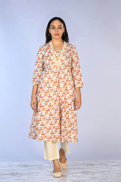 Collection of Handblock Printed A-line Kurti with pants set in a gallery layout