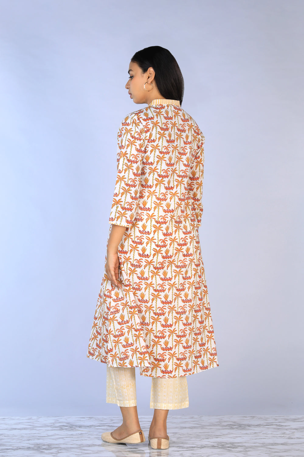 Image of Off White Handblock Printed A-line Kurti with pants set