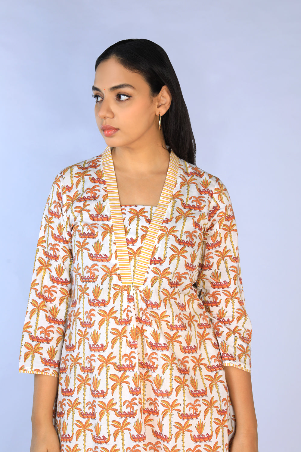 Image of Off White Handblock Printed A-line Kurti with pants set