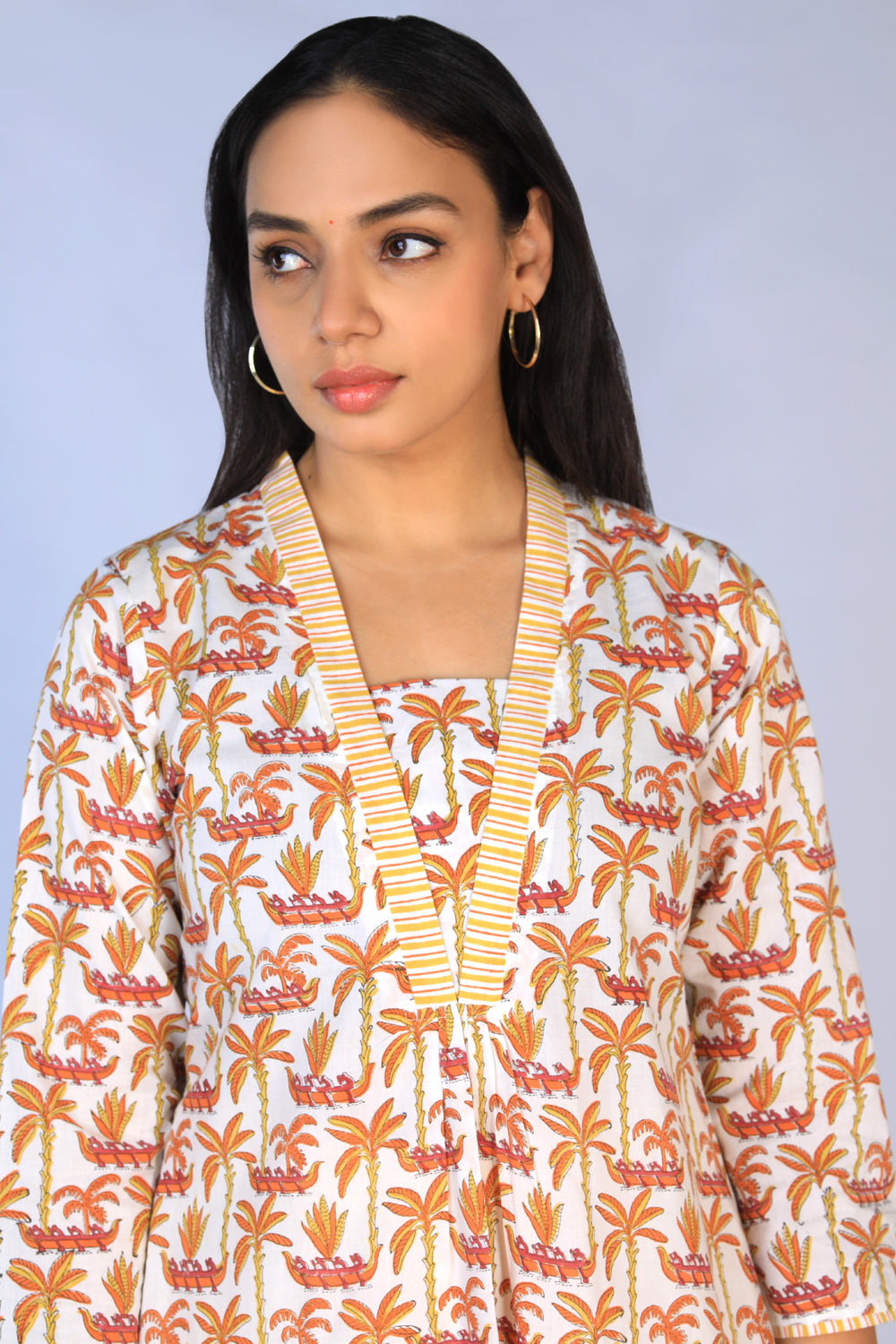 Image of Off White Handblock Printed A-line Kurti with pants set