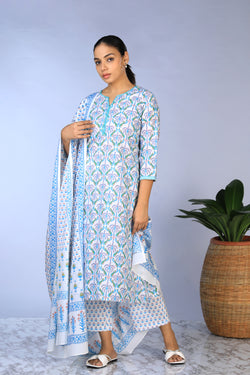 Image of Handblock Printed Kurta, pants & dupatta set