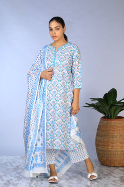 Image of Handblock Printed Kurta, pants & dupatta set