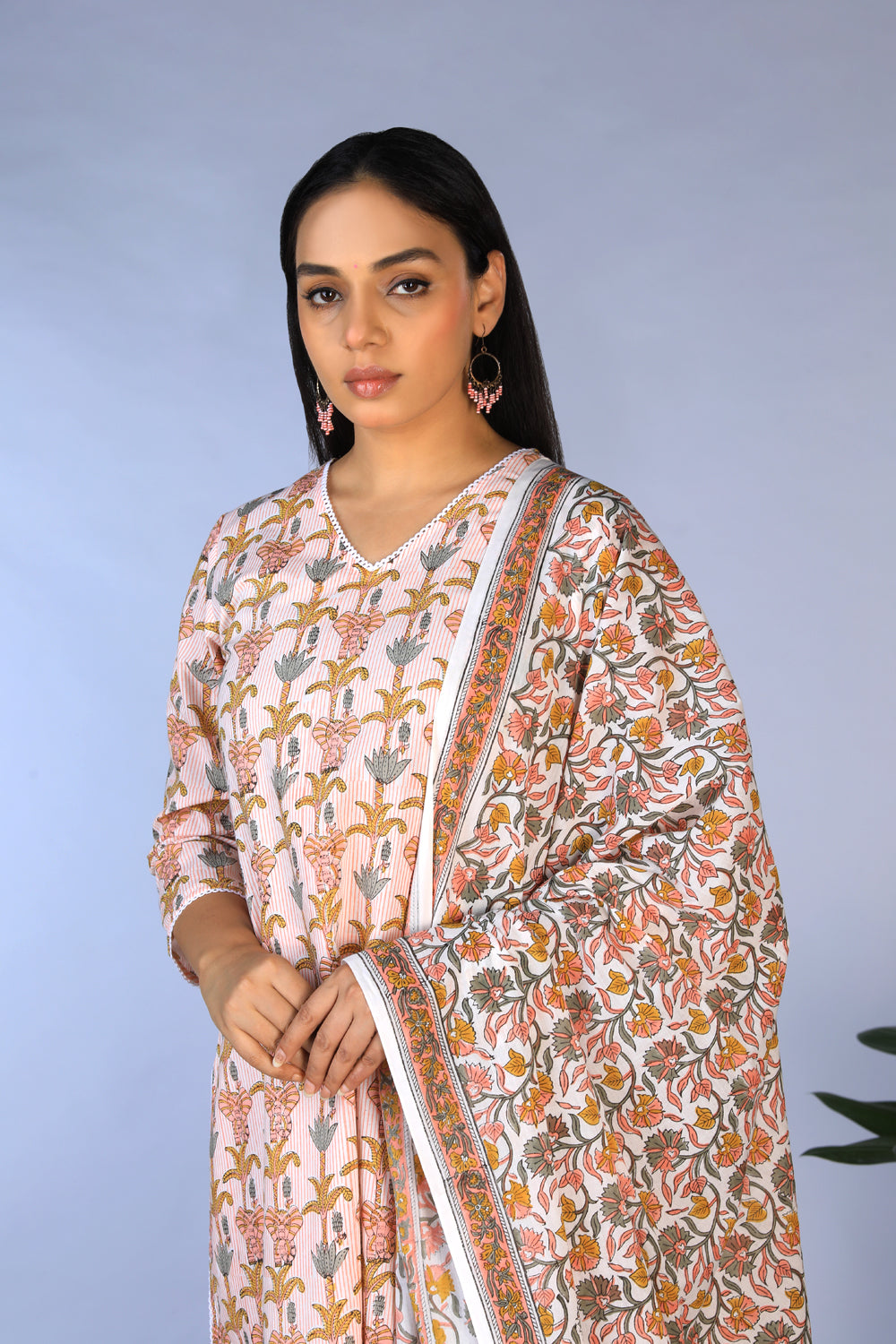 Handblock printed kurti ,pants and dupatta set