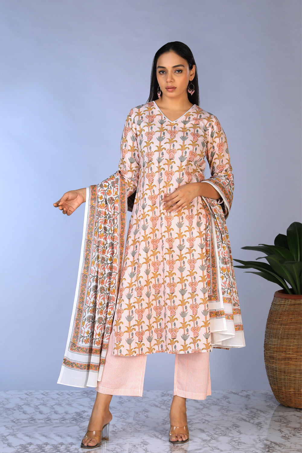 Handblock printed kurti ,pants and dupatta set