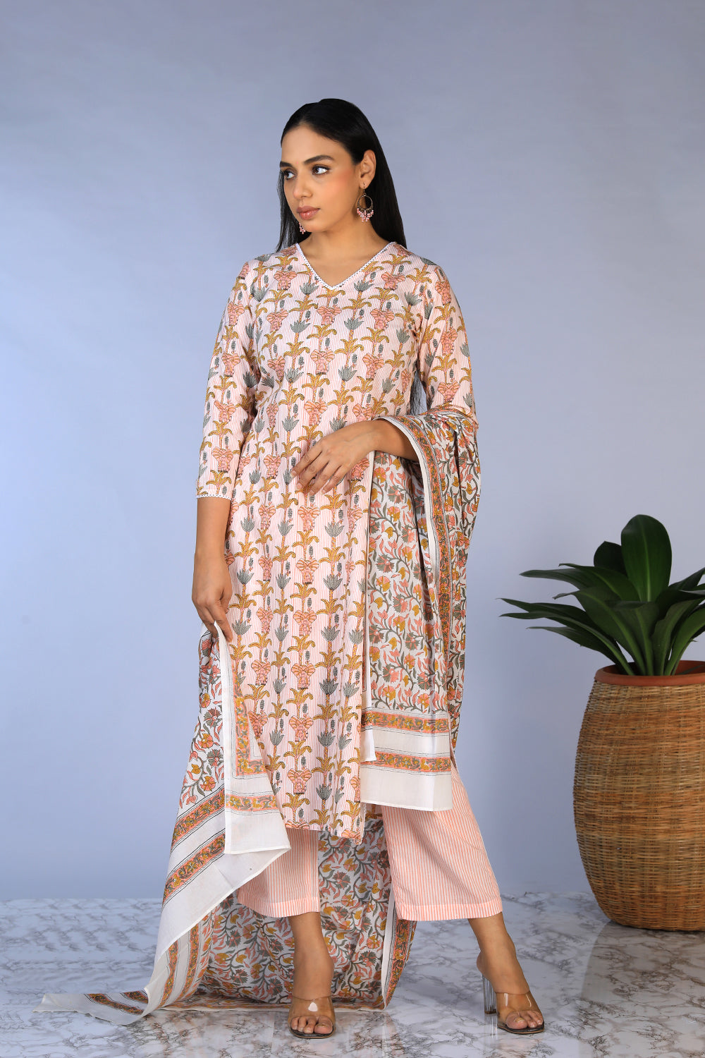 Handblock printed kurti ,pants and dupatta set