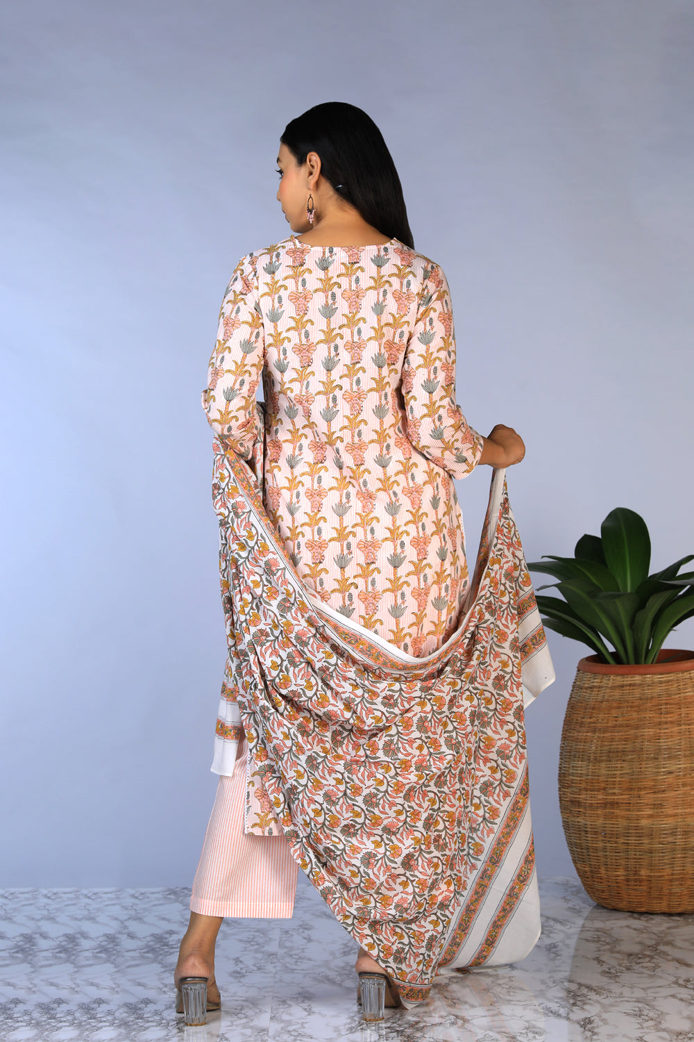 Handblock printed kurti ,pants and dupatta set