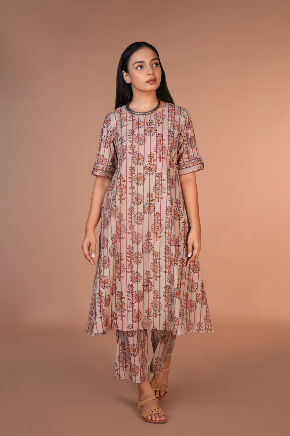 Beige Kalamkari handblock printed kurta set