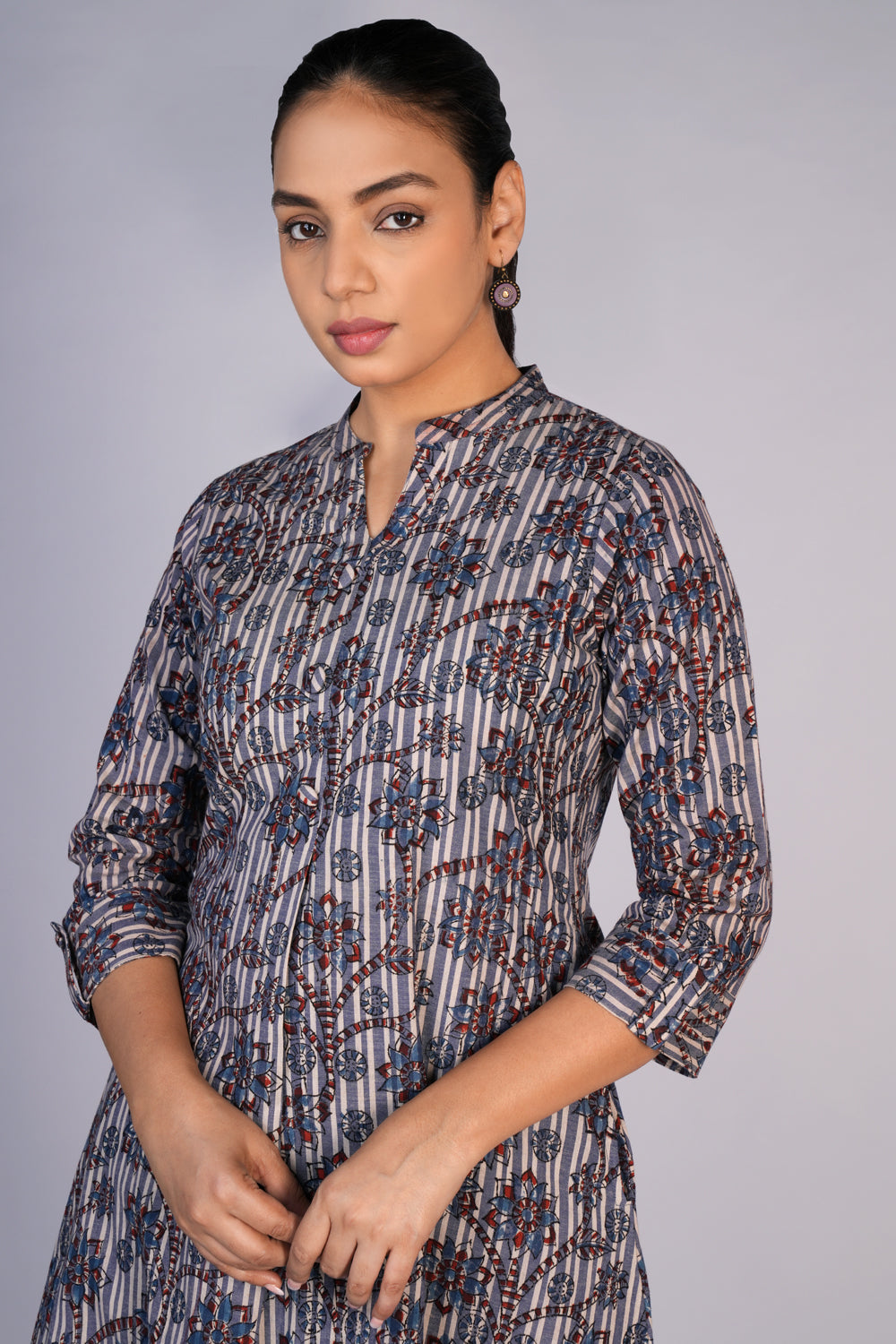 Image of Grey Blue Kalamkari handblock printed kurta