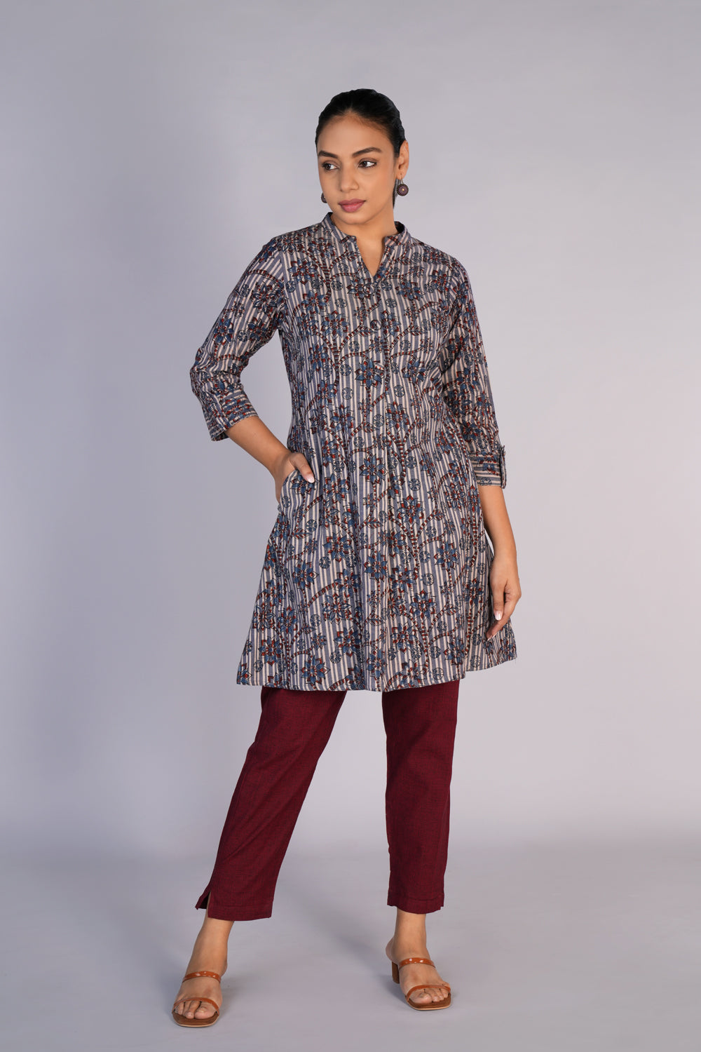 Image of Grey Blue Kalamkari handblock printed kurta