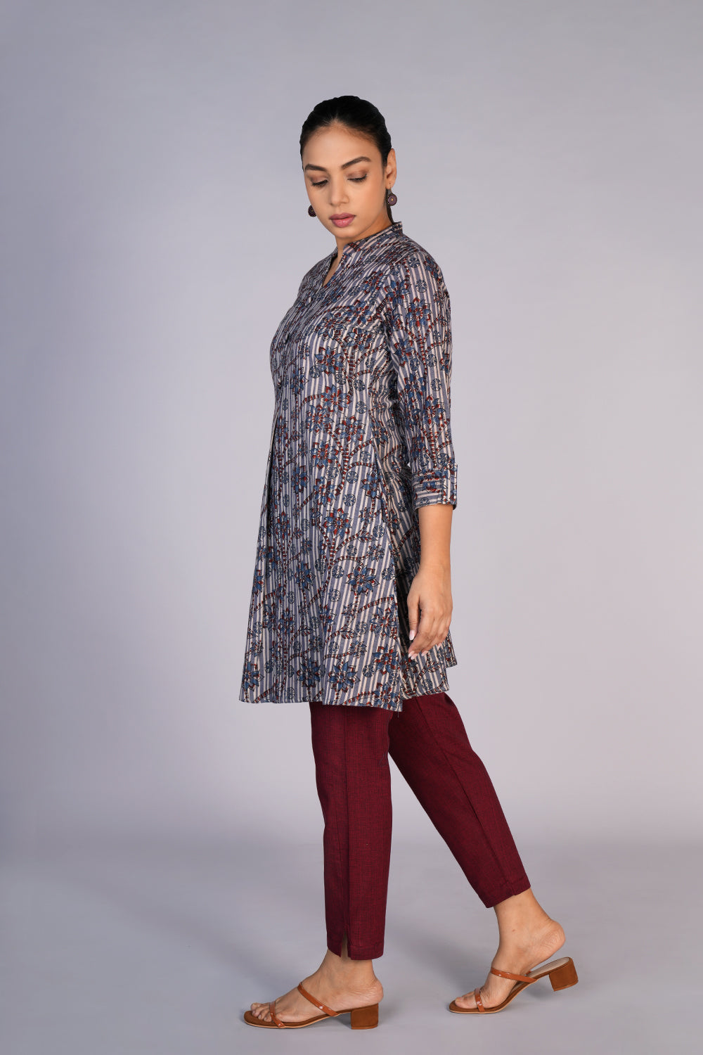 Image of Grey Blue Kalamkari handblock printed kurta