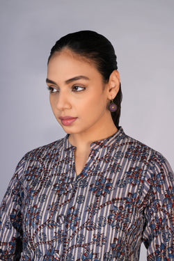 Image of Grey Blue Kalamkari handblock printed dress