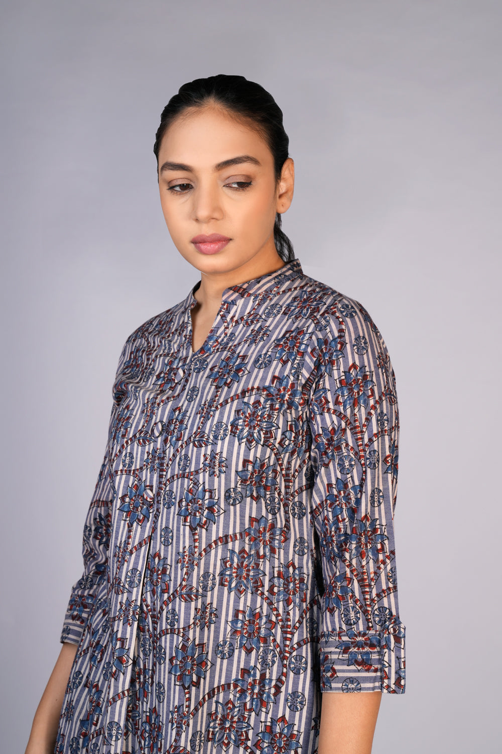 Image of Grey Blue Kalamkari handblock printed kurta