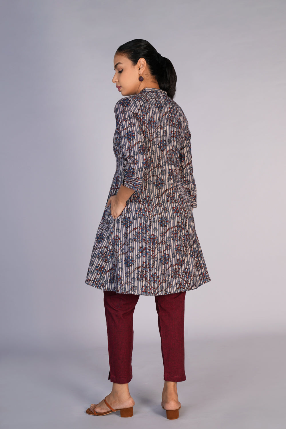 Image of Grey Blue Kalamkari handblock printed kurta