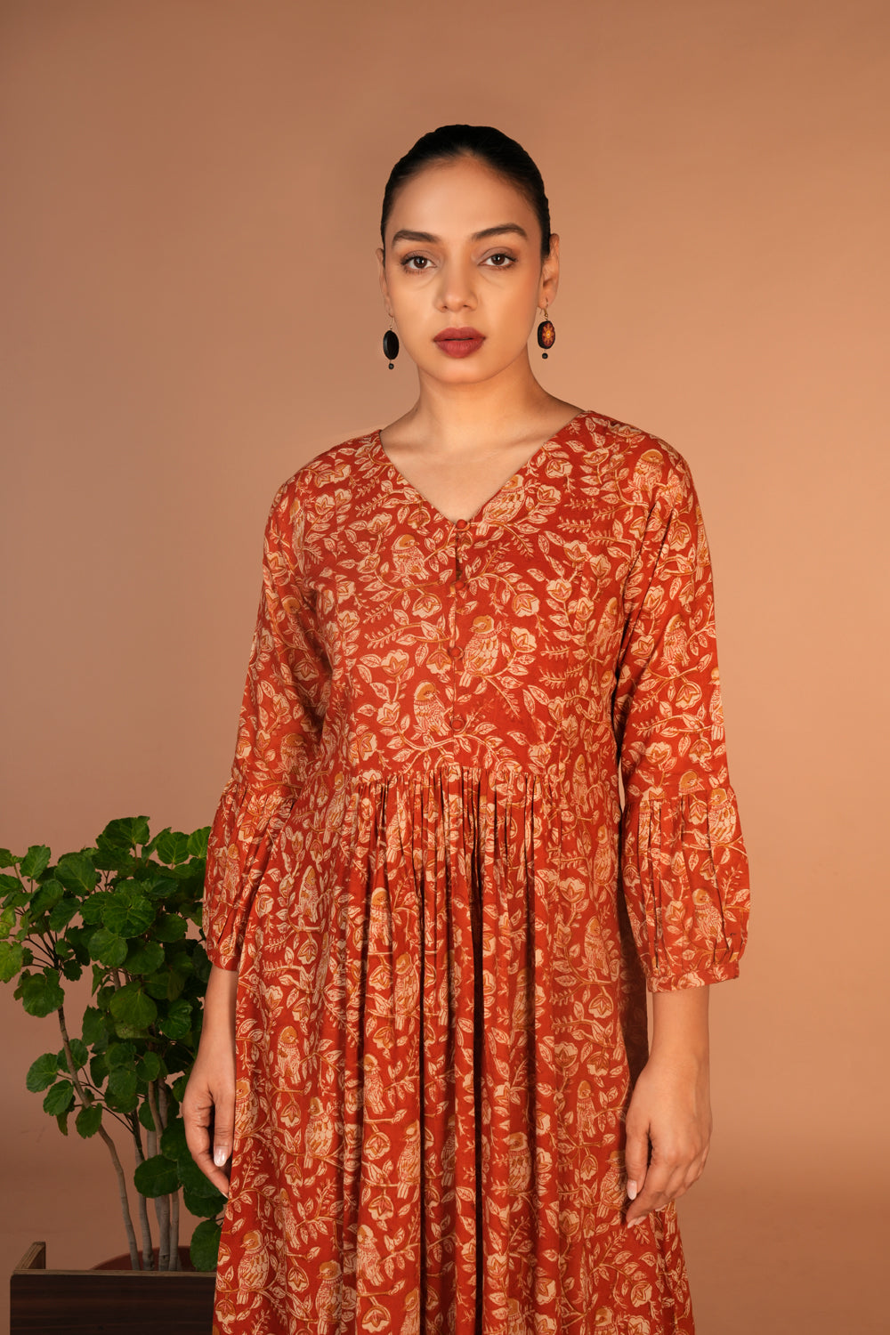 Peach Kalamkari hand block printed dress