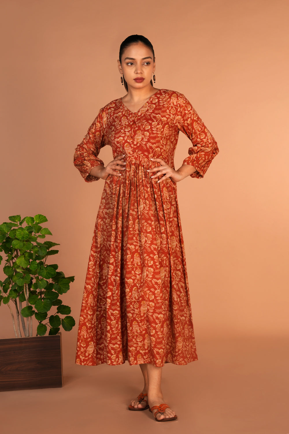 Peach Kalamkari hand block printed dress