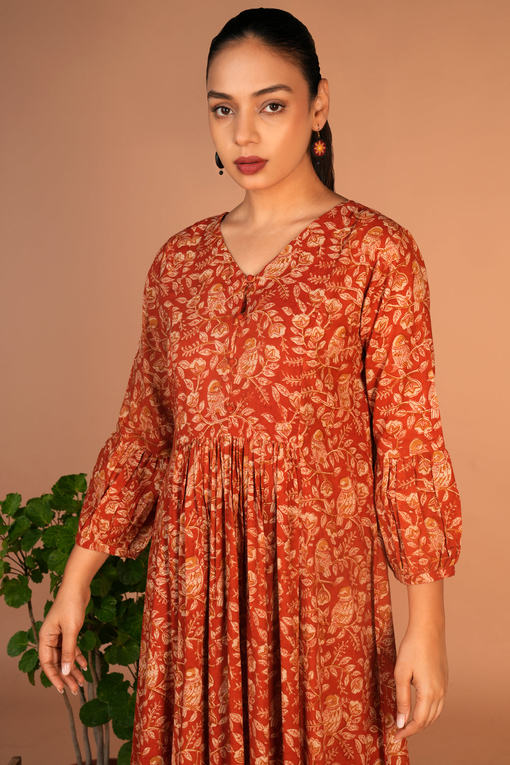 Peach Kalamkari hand block printed dress