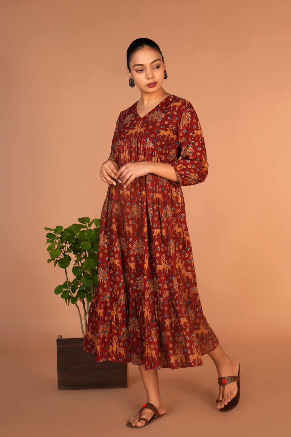 Maroon Kalamkari handblock printed dress