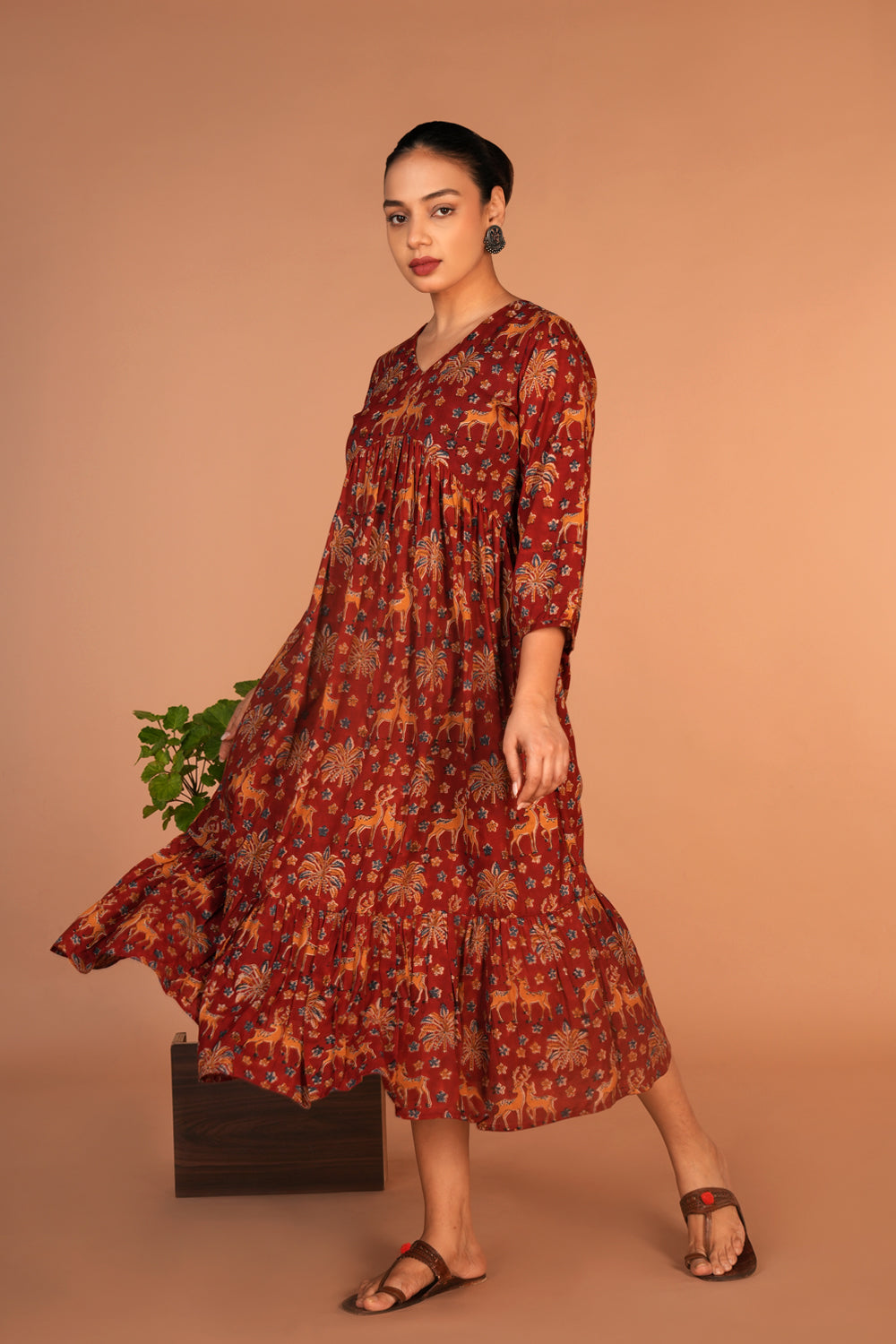 Maroon Kalamkari handblock printed dress